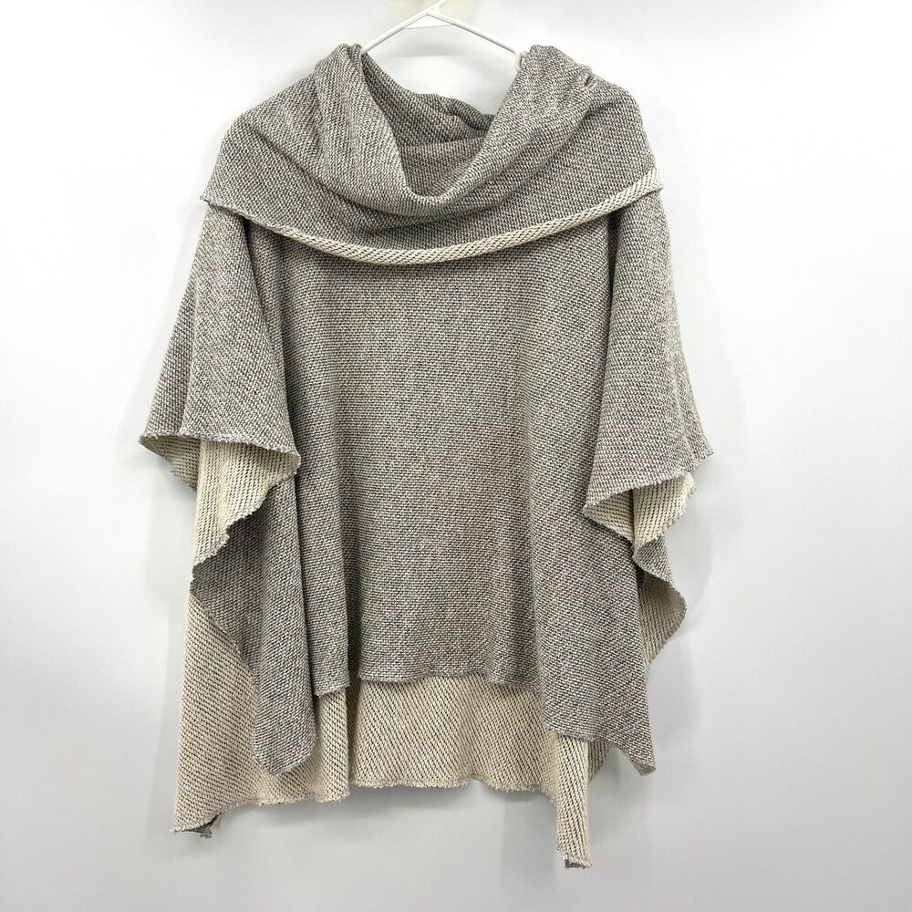 Heidi Hess Cowl Neck Poncho Cape Knit Reversible Gray Cream One Size USA Made